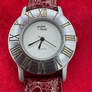 Vintage Y2K Swiss Time Quartz Watch, Leather Band
